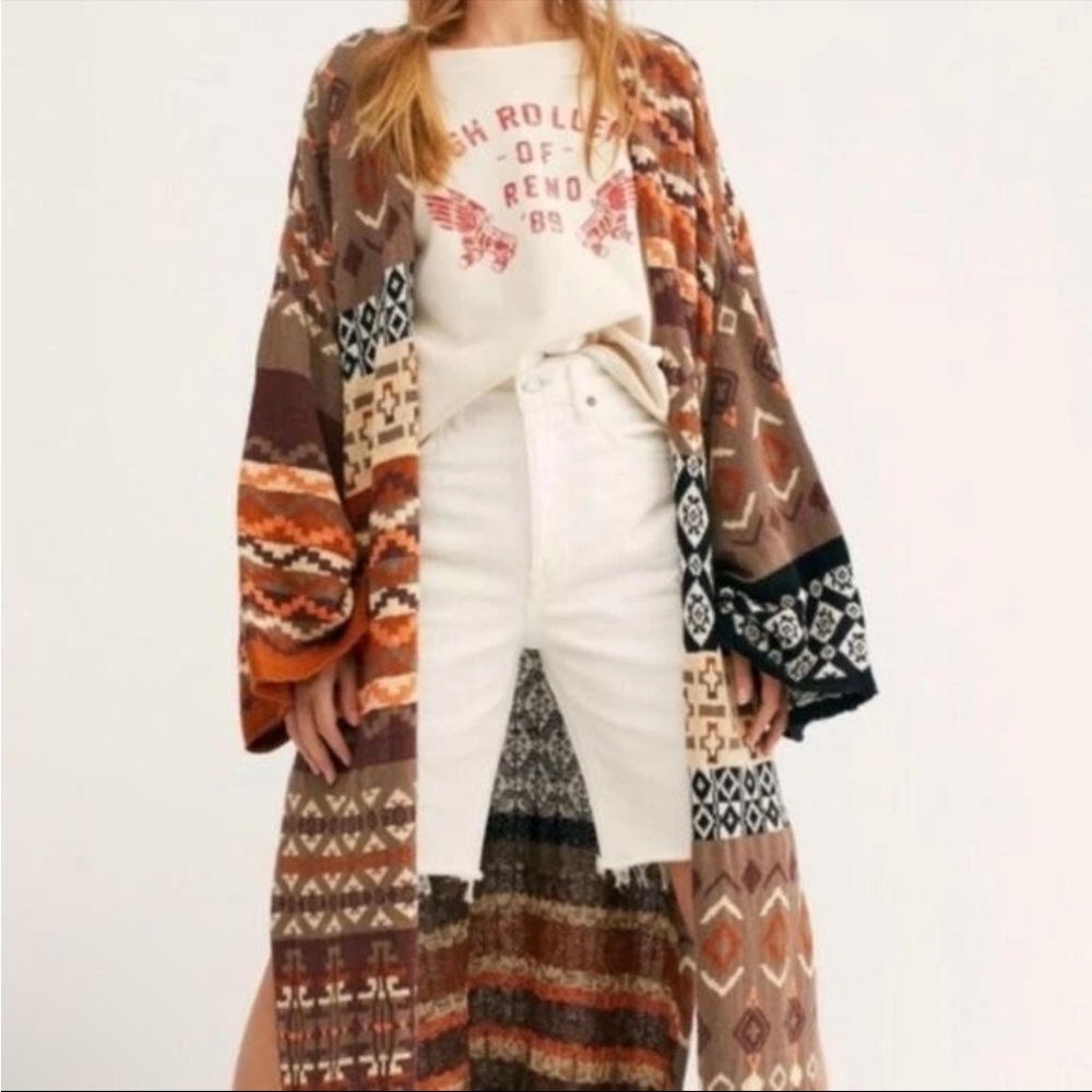 Free People Landmark Oversized Boho Cardigan Duster in Brown and Orange Size S